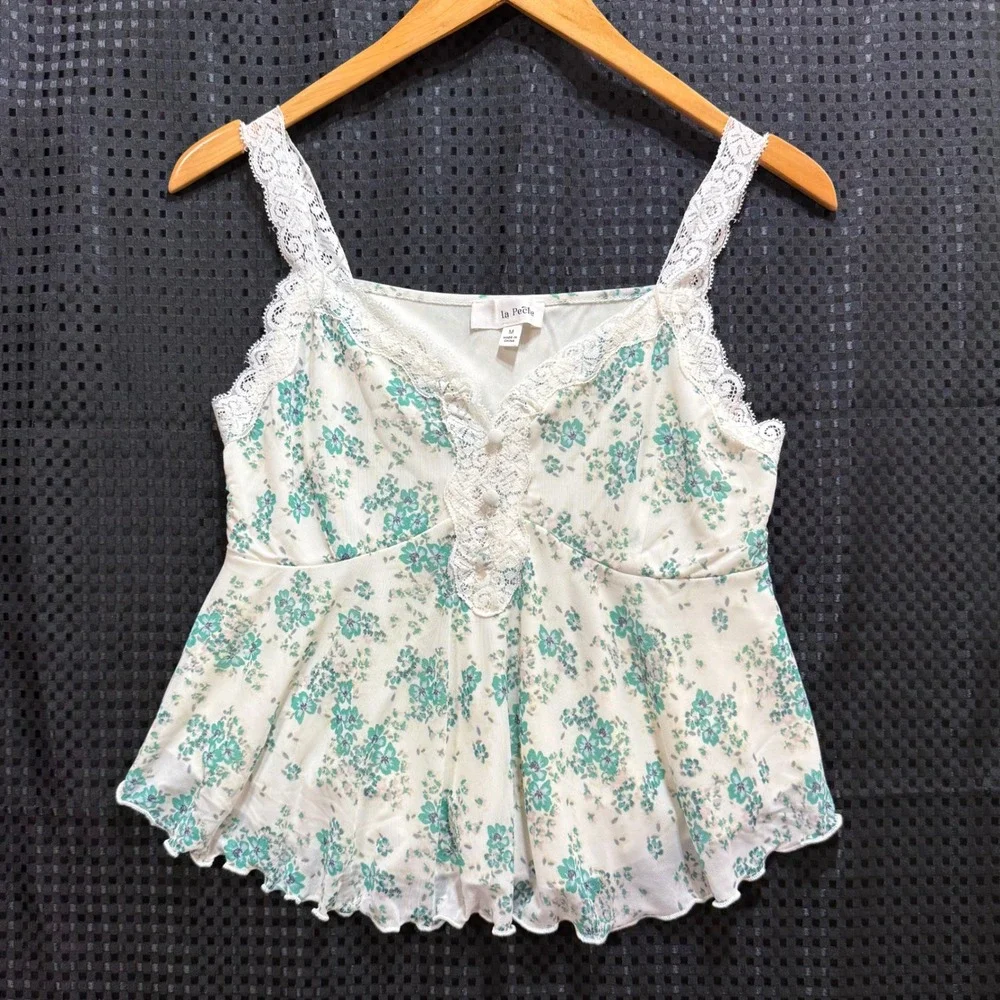 La Peche Floral Babydoll Camisole Womens Medium Cream Green Lace Trim Mesh - Picture 2 of 9